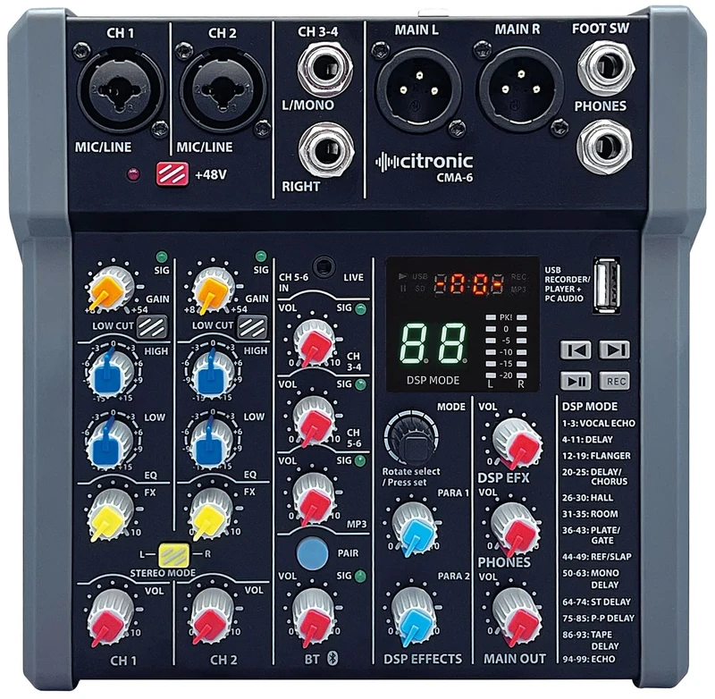 Citronic | CMA-6 Series Compact Mixer Audio Mixing Console: 99 Adjustable Digital Effects, Bluetooth Receiver, USB mp3 Audio Player/Recorder & More | 2 Mono + 2 Stereo