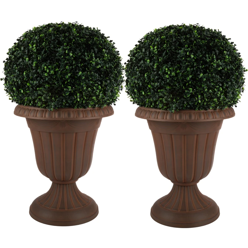 Pure Garden Outdoor Planter 2-Pack - 16x18-Inch Urn Planters - Plastic Plant Pots for Indoor, Outdoor, or Front Porch Decor - Flower Pots (Brown)