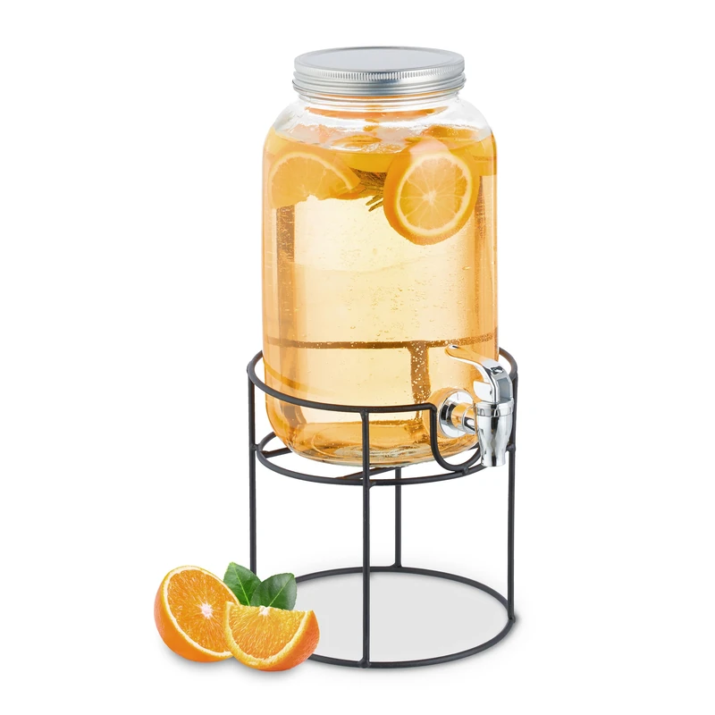 Relaxdays Beverage Dispenser with Insert, Tap & Lid, Glass, Lemonade Container, Water Reservoir, 3.3 Litres, Transparent