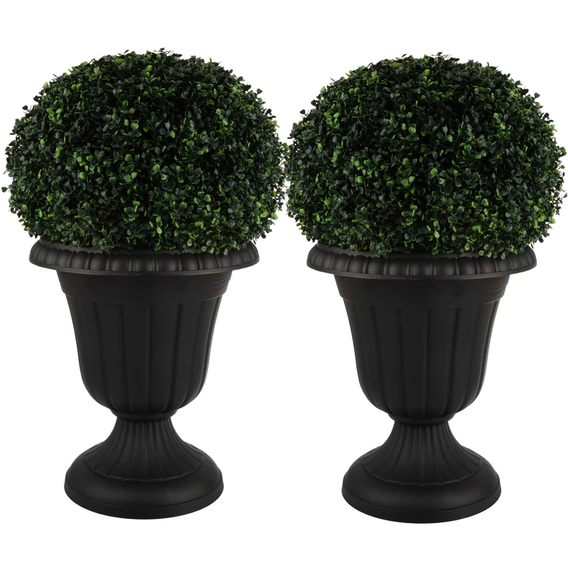 Pure Garden Outdoor Planter 2-Pack - 16x18-Inch Urn Planters - Plastic Plant Pots for Indoor, Outdoor, or Front Porch Decor - Flower Pots (Black)