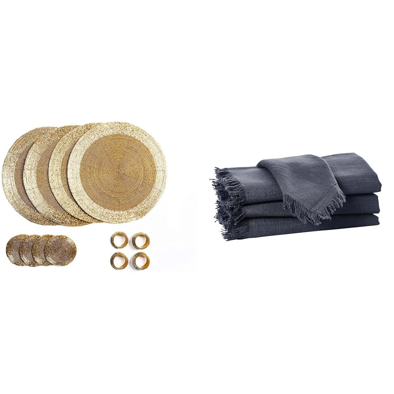 Set of 16 Beaded Placemat coaster Napkin rings and cotton Napkins - GOLD/FRINGES CHARCOAL