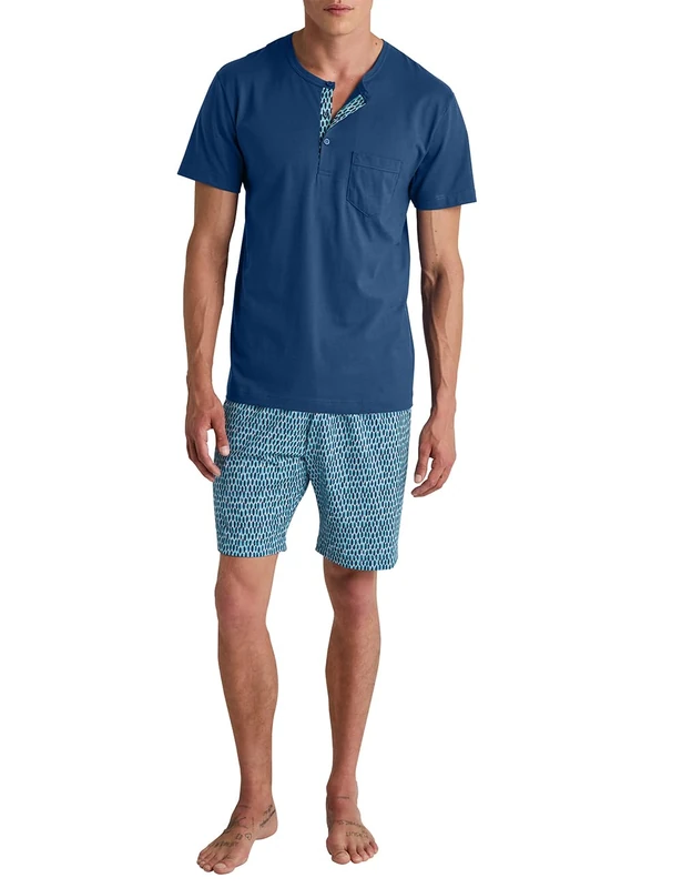 CALIDA Relax Imprint Men's Short Pyjamas 100% Cotton, Pottery Blue, 46-48