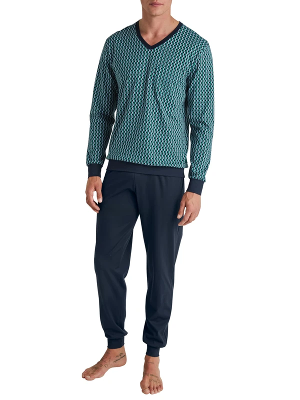 CALIDA Relax Imprint Men's Cuffed Pyjamas 100% Cotton, Pond Green, 46-48