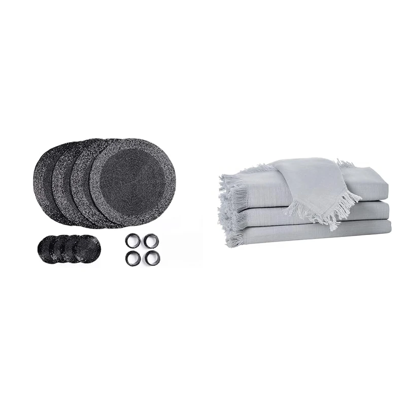Set of 16 Beaded Placemat coaster Napkin rings and cotton Napkins - BLACK/FRINGES GREY