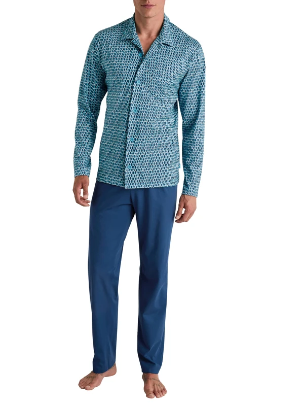 CALIDA Relax Imprint Men's Long Pyjamas 100% Cotton, Pottery Blue, 46-48