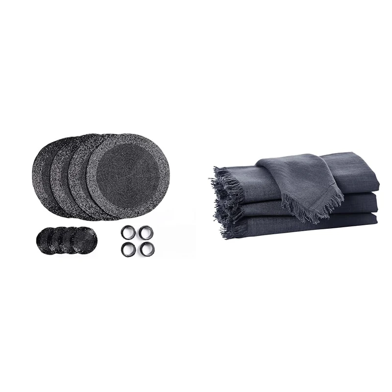 Set of 16 Beaded Placemat coaster Napkin rings and cotton Napkins - BLACK/FRINGES CHARCOAL