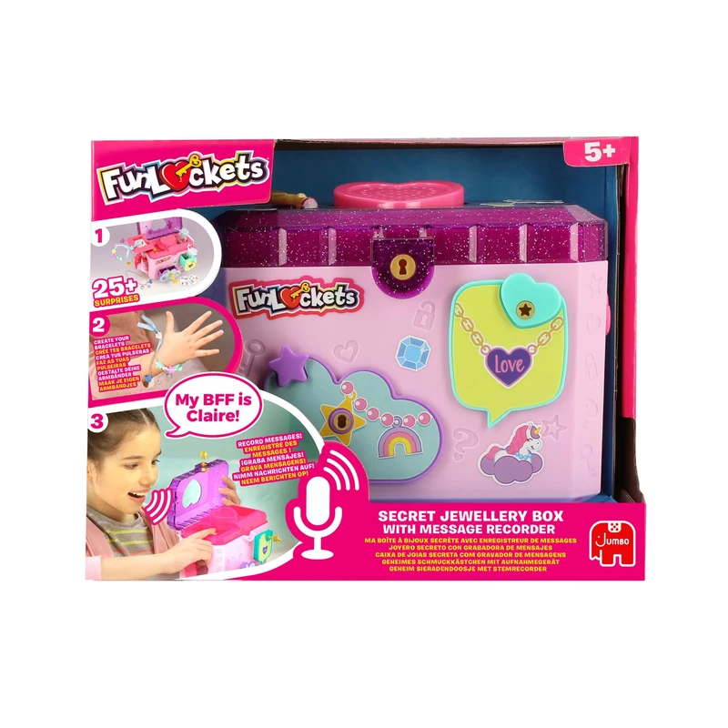 FUNLOCKETS - Electronic Jewellery Box with Voice Recorder Secret Compartment 25 Surprises, Accessories for Creating, Pink, 5 Years