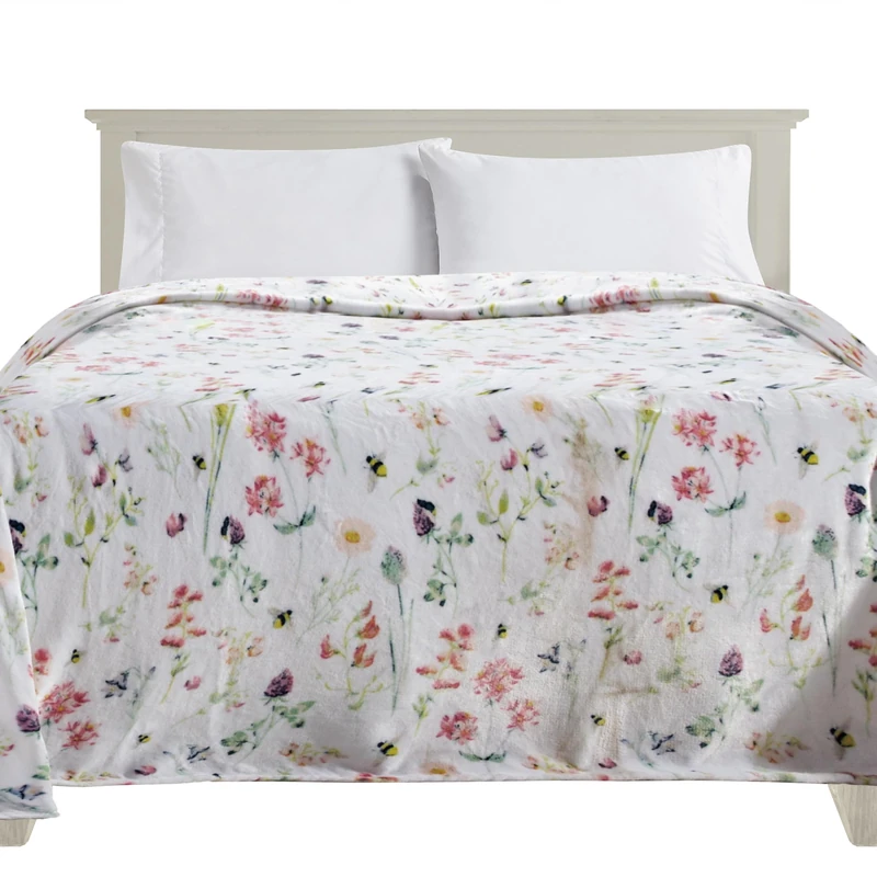 Elegant Comfort Ultra Soft Print Flannel Fleece Bed Blanket, Cozy-Fuzzy Lightweight Bedspread Coverlet, All season Decorative Blanket for Couch, Sofa, Floral Design, King Size, Bloom