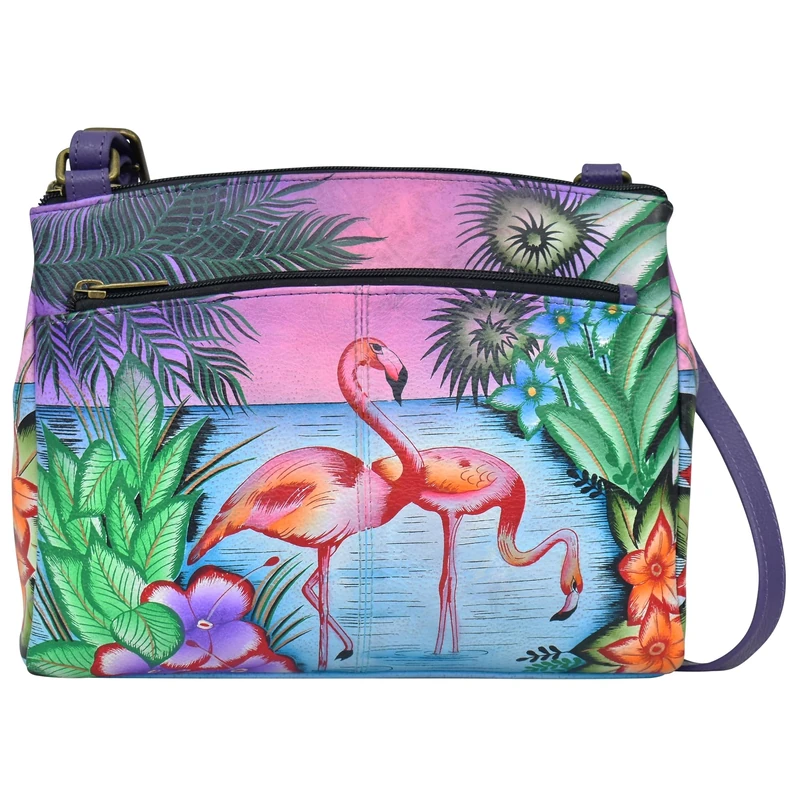 Anna by Anuschka Women's Crossbody Original Hand-Painted Cross Body Organizer-Leather Handbag, Tropical Flamingos, One Size - Image 1