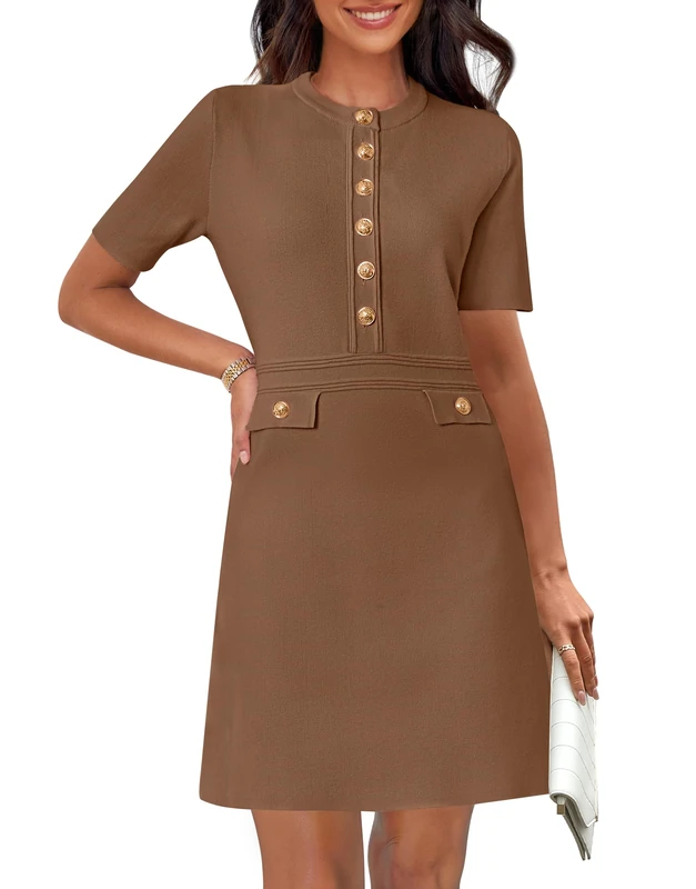 MEROKEETY Women's Knit Bodycon Sweater Dress Button Short Sleeve Crew Neck Elegant Formal Mini Dress, Coffee, L