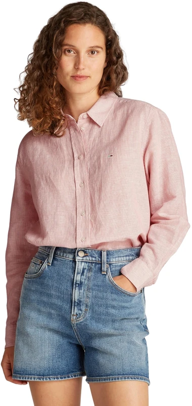 Tommy Jeans Womens Tjw RLX Linen Dw0dw20292 L/S Shirt, Pink (Precious Pink/Stripe), XL UK