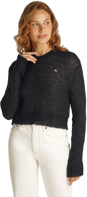 Tommy Jeans Women’s V-Neck Open Knit Jumper, Black (Black), L
