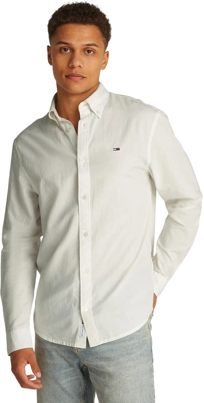 TOMMY JEANS TJM REG Linen Blend LS Shirt EXT L/S Shirt Men's, White (Ecru), S