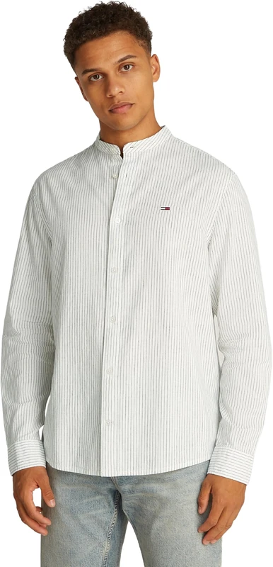 Tommy Jeans Men’s Linen Mix Collarless Shirt, White (Ecru Stripes), L
