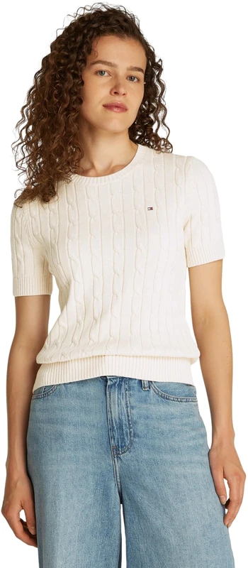 Tommy Hilfiger Women's Knitted Jumper, Beige (Heather Ivory Petal), XL
