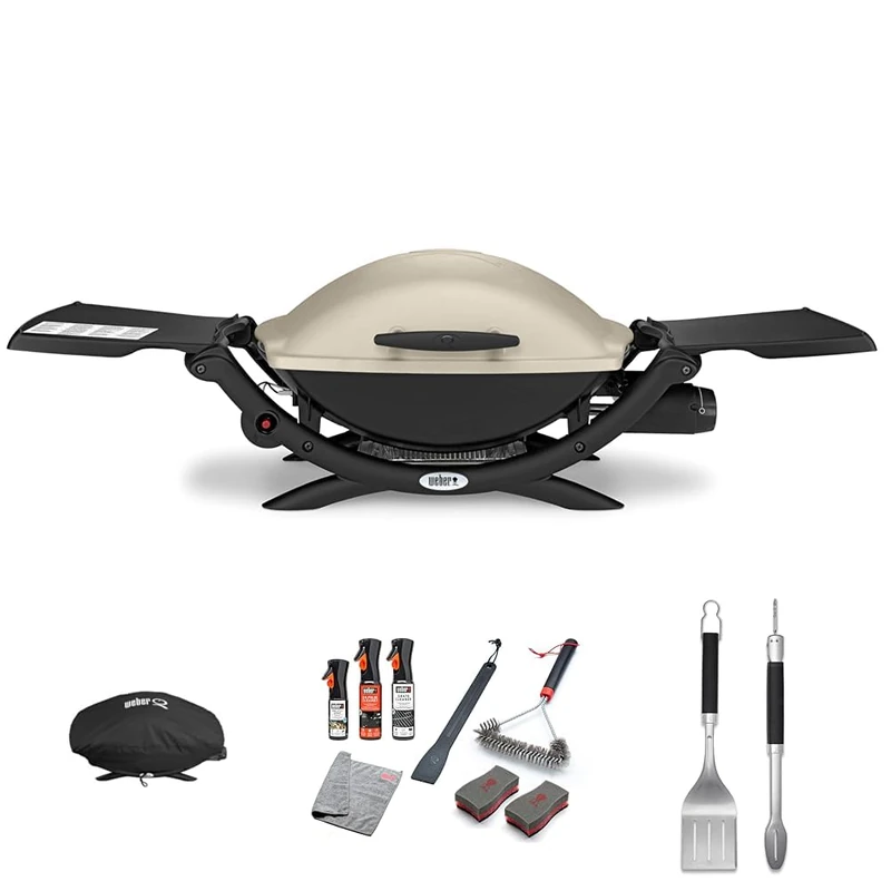 Bundle - Weber Q2000 Gas Grill Barbeque Table Top BBQ Grill & Char Griller with Foldable Side Tables Cast Aluminium Lid Cover & Body Portable Premium Mini Gas BBQ Home or Travel - Titanium (53060074)