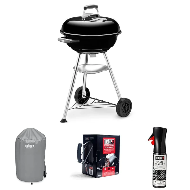 Bundle - Weber Compact Kettle Charcoal Grill Barbecue, 47cm|BBQ Grill with Lid Cover, Stand & Wheels|FreestandingOutdoor Oven, Smoker & Outdoor Cooker with Porcelain-Enamelled Bowl - Black (1221004)