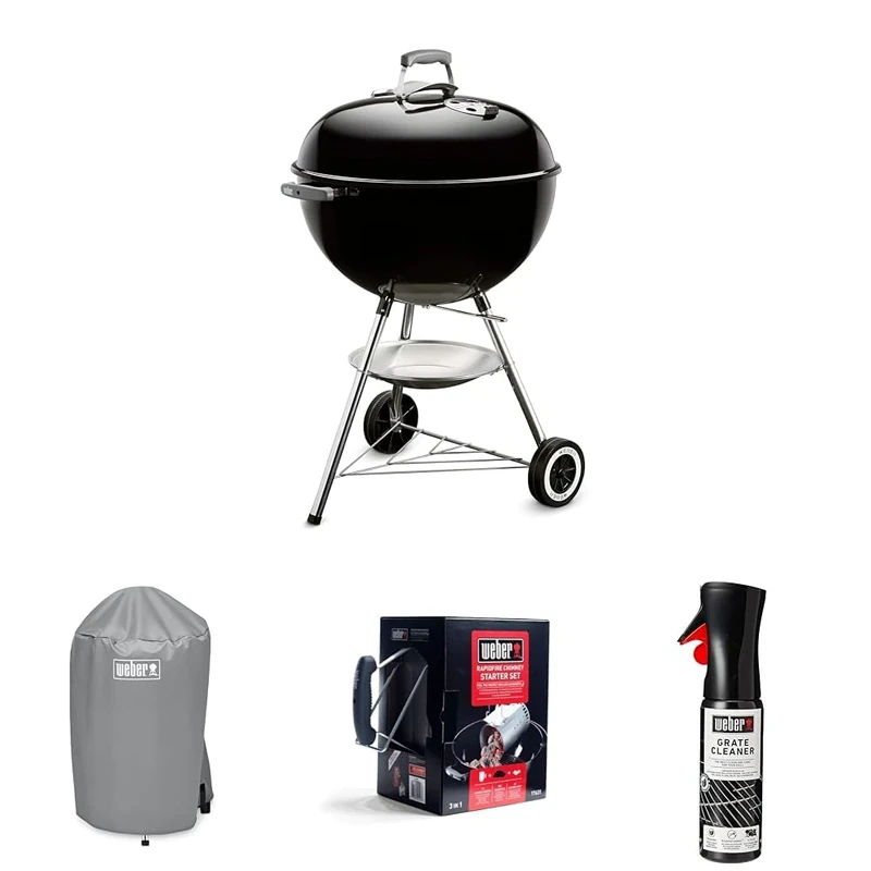 Bundle - Weber Classic Kettle Charcoal Grill Barbecue,57cm|BBQ Grill with Lid Cover, Lid Thermometer, Stand & Wheels |Freestanding Outdoor Oven & Cooker with Porcelain-Enamelled Bowl-Black (1341504)
