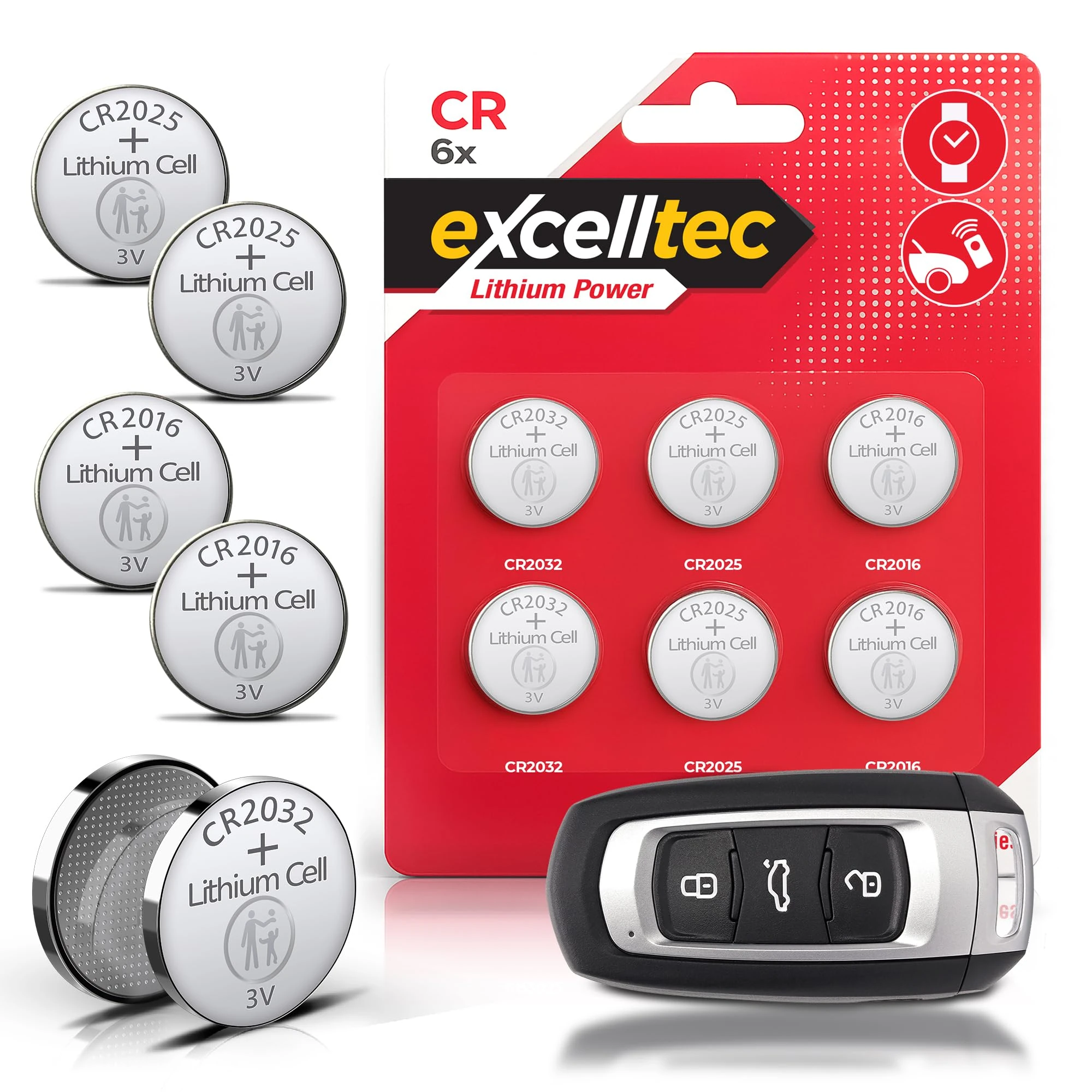 SOL 6pk Lithium Power Coin Battery, Car Key Fob Batteries Assorted 3V CR2032, CR2025, CR2016 Flat Batteries, Long-Lasting and Reliable for Scales, Watches, Remote Controls, and Small Electronics