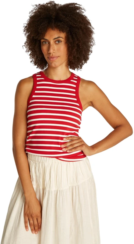 Tommy Hilfiger Women’s Slim Rib Stretch Tank Top, Multicolor (Primary Red/Ecru STP), M