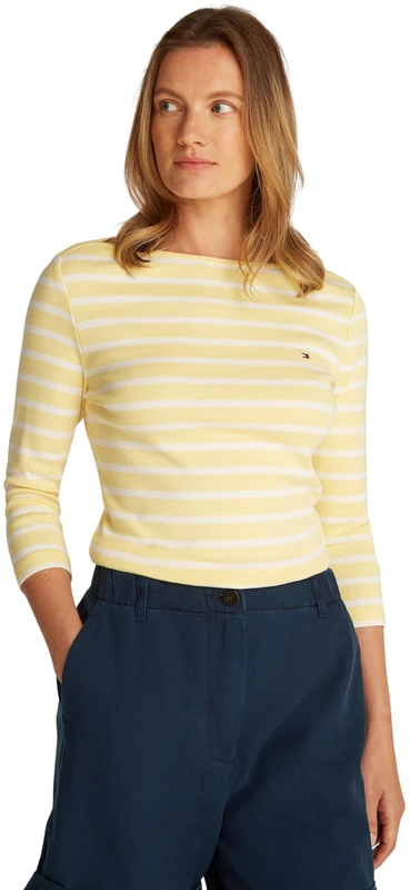 Tommy Hilfiger Women’s Long Sleeve Slim Fit New Cody Top with Boat Neck, Multicolor (Citronella/Ecru STP), XXS