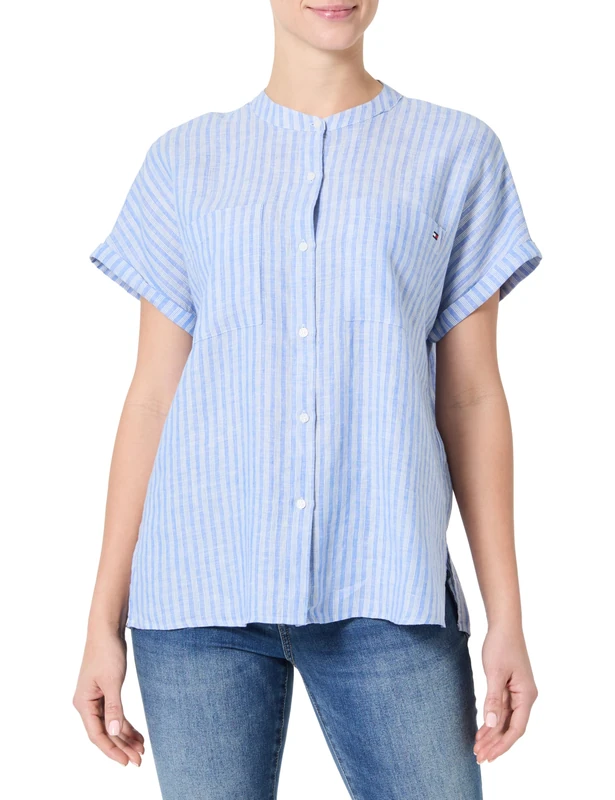 Tommy Hilfiger Women’s Short Sleeve Collarless Linen Blouse, Blue (Multiple STP/Blue Spell), 4