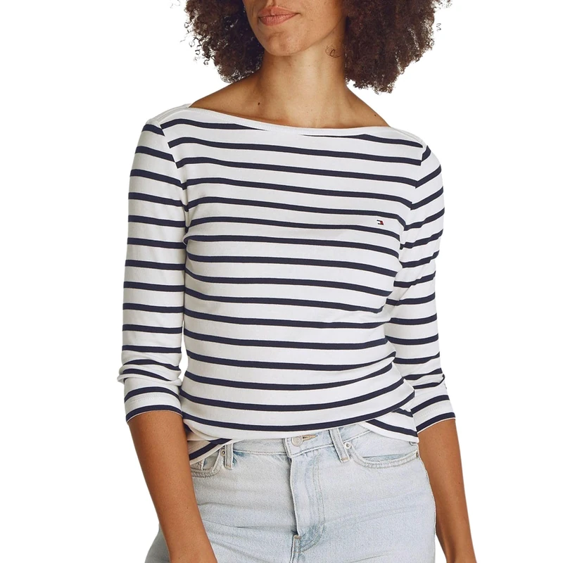 Tommy Hilfiger Women’s Long Sleeve Slim Fit New Cody Top with Boat Neck, Multicolor (Breton Dark Night Navy STP), XXS