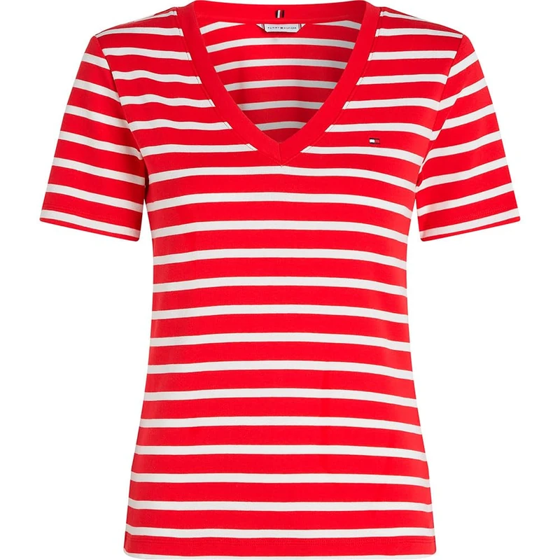 Tommy Hilfiger Women’s Short Sleeve T-Shirt New Slim Cody V-Neck, Multicolor (Primary Red/Ecru STP), XS