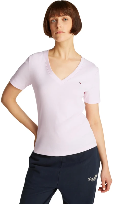 Tommy Hilfiger Women’s Short Sleeve T-Shirt New Slim Cody V-Neck, Pink (Light Pink), S