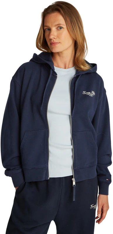 Tommy Hilfiger Women’s Script Zip Sweatshirt with Hood, Blue (Dark Night Navy), XXS