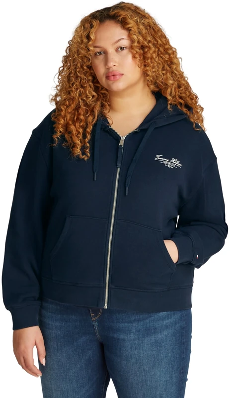 Tommy Hilfiger Women’s Script Zip Cotton Hoodie, Blue (Dark Night Navy), 24