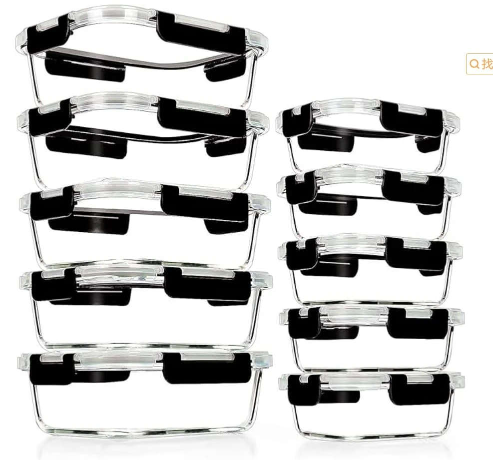 Glass Food Storage Set With Lids - 10 Pack Airtight Meal Prep Containers, Stackable, Microwave, Oven, Freezer and Dishwasher Safe, 1050ml & 370ml (Black)