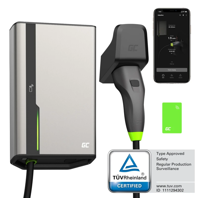 Green Cell GC HabuDen Wallbox 22kW 32A 5m NFC RFID Type 2 Cable EV Charging Station for Electric Vehicles with GC App Bluetooth WiFi Car Charging with 22 kW / 11 kW / 7.2 kW / 3.6 kW