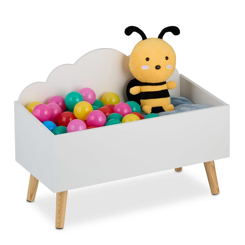 Relaxdays Children's Toy Chest, Cloud Design, HWD: 45 x 60 x 30 cm, MDF, for Books & Playthings, Open Storage Box, White, Wood