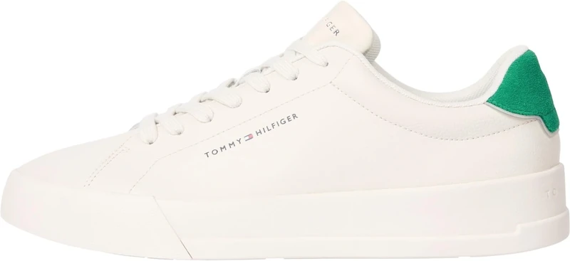 Tommy Hilfiger Men’s Detail Essential Leather Court Trainers, White (Alabaster), 10.5
