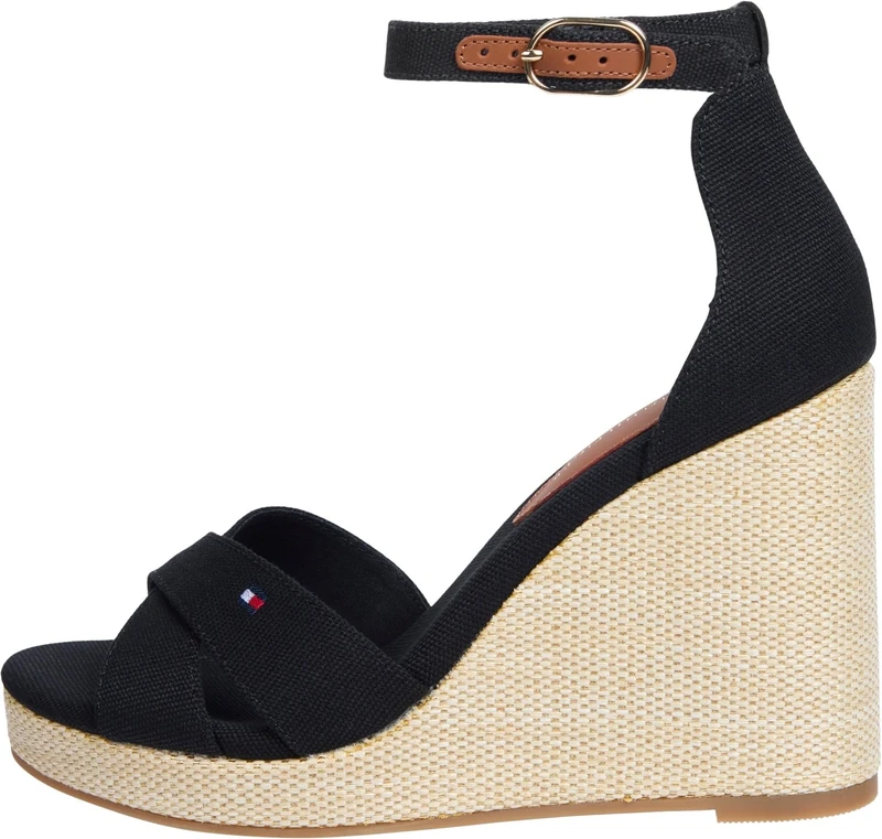 Tommy Hilfiger Women’s Flag Crossover High Wedge Sandals with Ankle Straps, Black (Black), 6