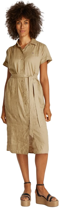 Tommy Hilfiger Women’s Short Sleeve Linen Belted Midi Shirt Dress, Brown (Camel), 8