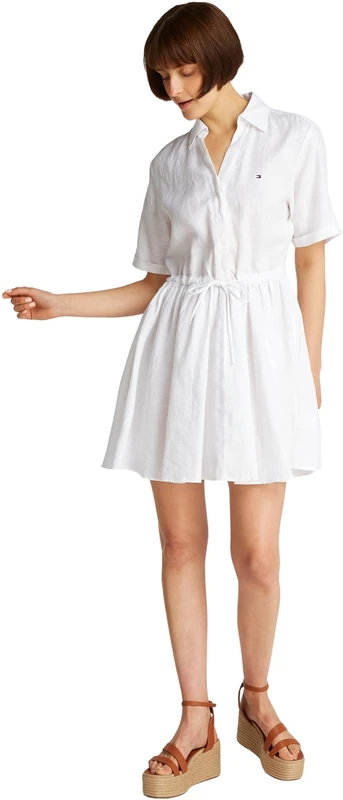 Tommy Hilfiger Women’s Short Linen Dress with Waist Belt, White (Th Optic White), 10