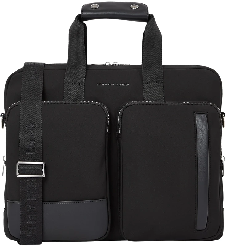 Tommy Hilfiger Men’s Business Nylon Laptop Bag with Outer Pocket, Black (Black), One Size
