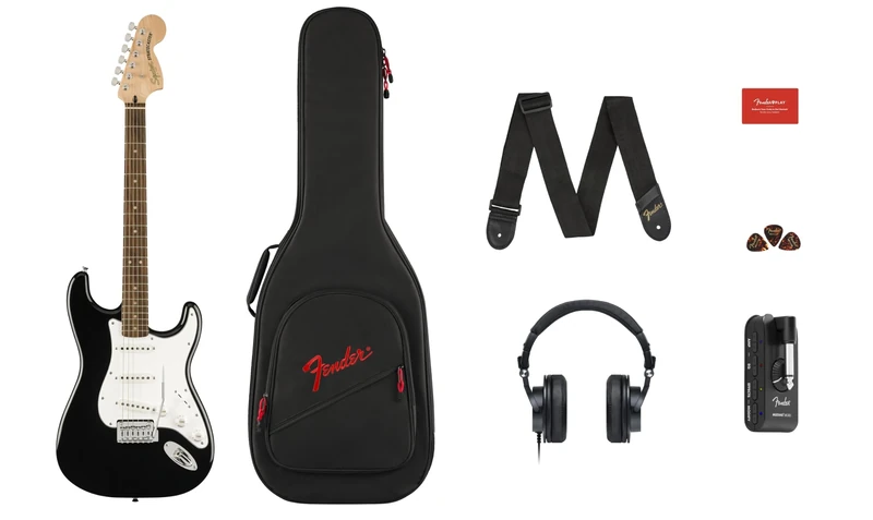 Squier by Fender Affinity Series™ Stratocaster® Electric Guitar & Mustang™ Micro Pack in Black. Includes Gig Bag, Strap, Headphones, Picks & a Free 3-Month Subscription to Fender Play