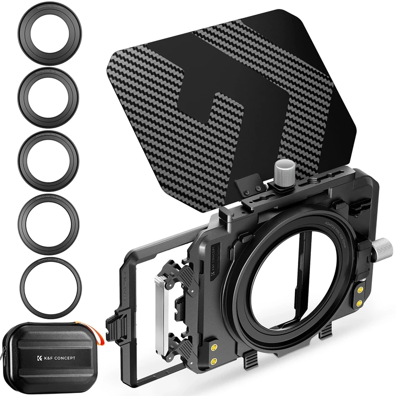 K&F CONCEPT Matte Box with Two 4 x5.65" Filter Trays, Camera Matte Box with Carbon Top Flag, 5 Adapter Rings 67mm/ 72mm/ 77mm/ 82mm/ 95mm Lenses, Compatible with SmallRig NISI TIFFEN Filter Accessory - Image 1
