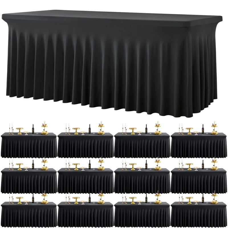 12 Pack Black Spandex Tablecloth for 6 Foot Rectangle Tables, Wrinkle Free Fitted Table Cloth Cover 6ft Black Stretchy Tablecloths with Skirt for Parties Weddings Birthday Banquet Baby Shower