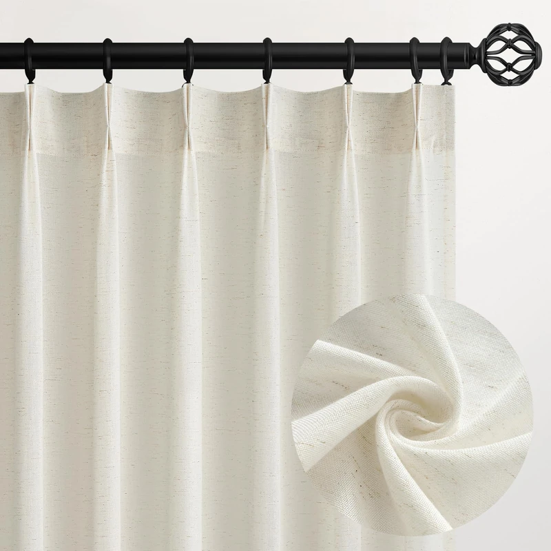 96 Inches Long Pinch Pleated Semi Sheer Curtains,Natural Linen Blended Light Filtering Window Curtains 96 Length 2 Panels for Living Room Bedroom Pinch Pleat Drapes with Hooks 2 Panels 40" Wx96 L - Image 1