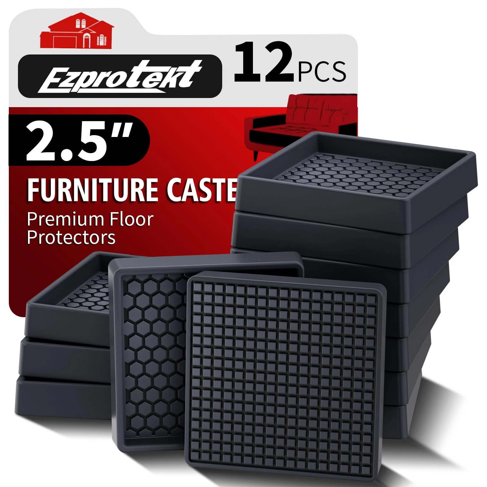 Furniture Coasters 2.5*2.5" Non Slip Furniture Pads for Hardwoods Floors, 12 PCS Round Rubber Non Skid Furniture Caster Cups, Anti Slide Furniture Feet Floor Protectors for Bed Couch Stoppers, Black