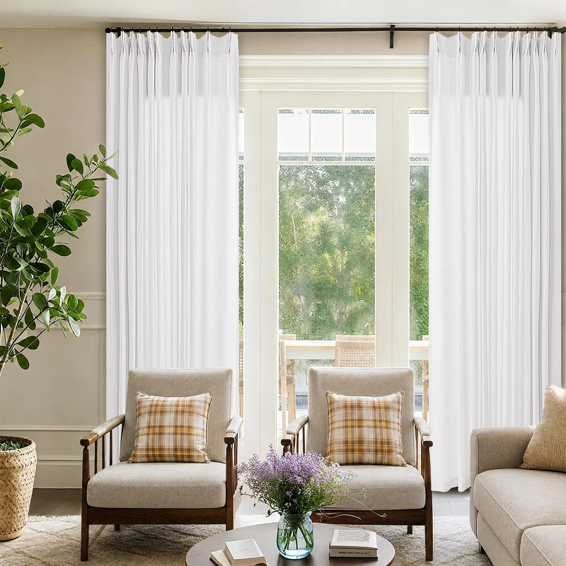 DUKIYO White Pinch Pleat Linen Curtains 72 Inch Width 120 Inches Long