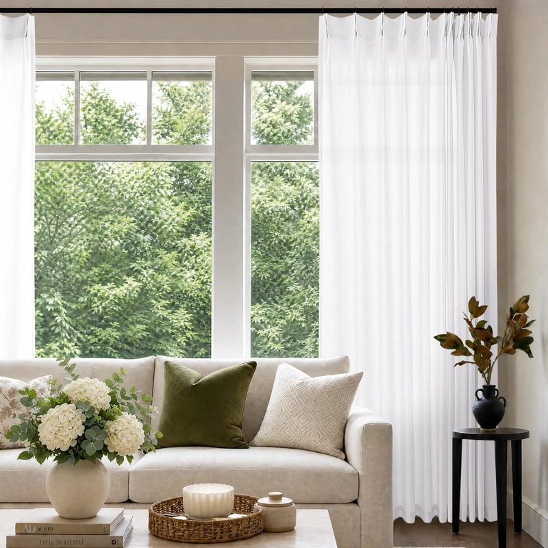 White Pinch Pleated Curtains 132 Inches Long for High Ceiling Living Room Extra Wide Linen Drapes with Hooks Rings Back Tab Semi Sheer Light Filtering Luxury 72 x 132 Inch Curtain for Large Window