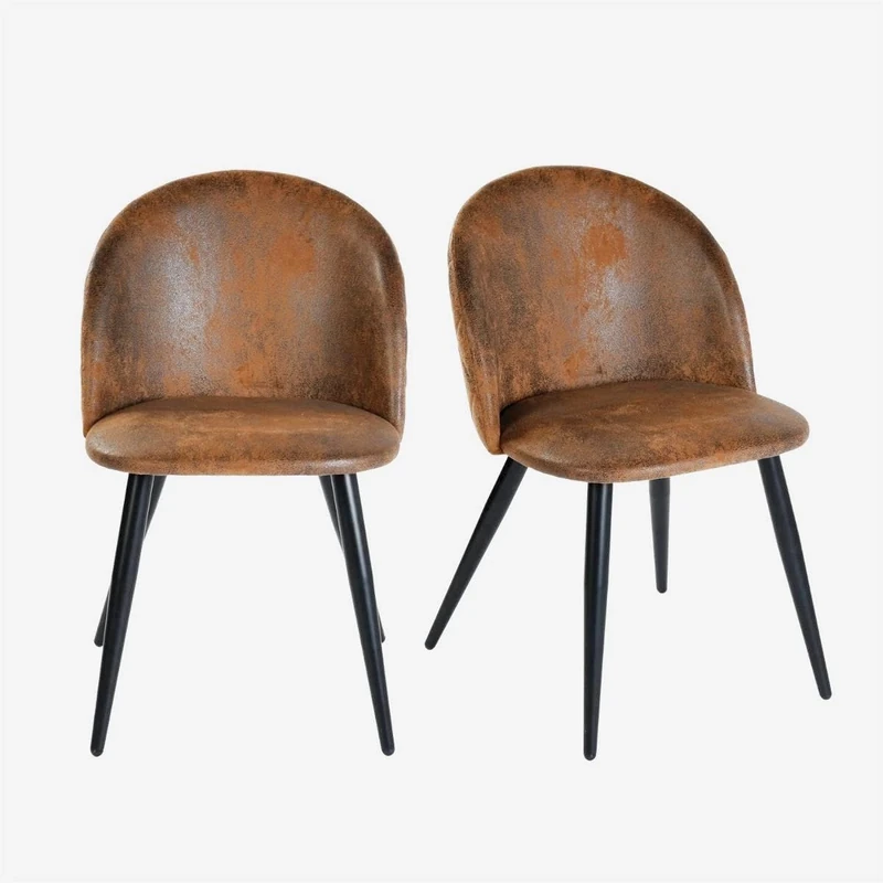 FurnitureR Dining Kitchen Chairs Side Chairs with Soft Suede PU Seat,Vintage Modern Black Metal Legs Accent Chairs Mid Backrest Plaid Design for Lounge Restaurant Lobby Home Office,Set of 2,Brwon Sude