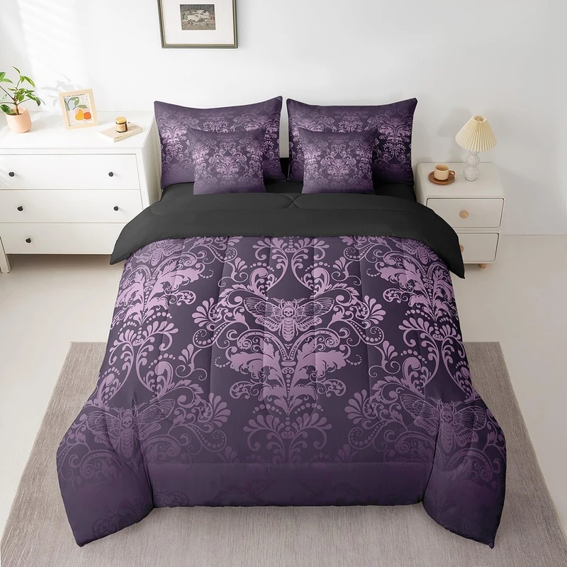 Erosebridal Gothic Damask 7 Piece Comforter Set Full Bed in a Bag,Exotic Moth Bedding Sets Purple Victorian Floral Goth Sheet Set with Comforter