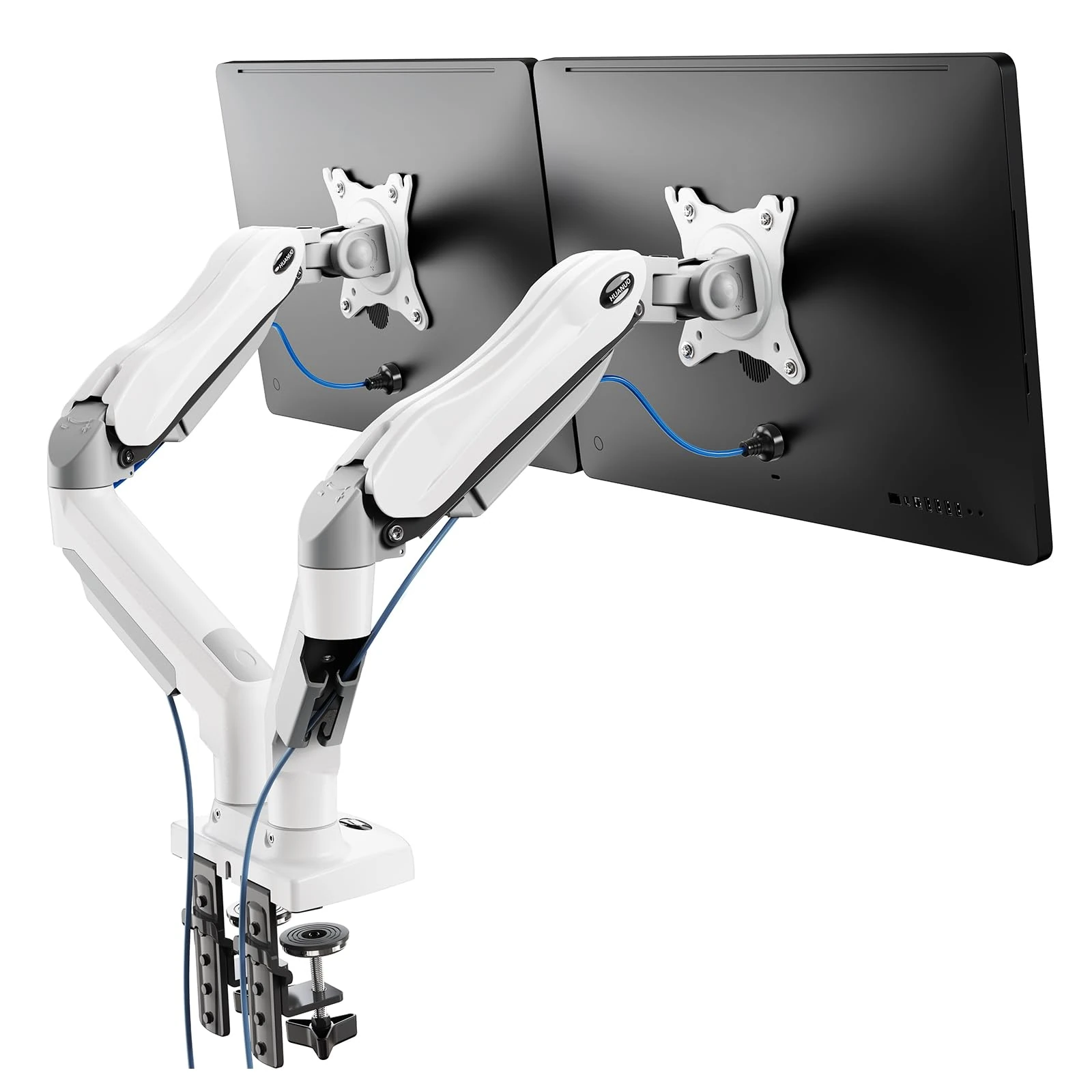 HUANUO White Dual Monitor Arm Desk Mount for 13 to 32 Inch Screens, Dual Monito Stand for Curved Flat Screens, Double Monito Arm VESA Mount 75 & 100 mm