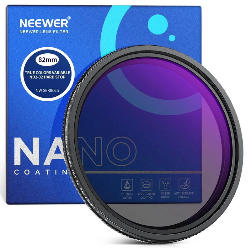 NEEWER 82mm True Colors Hard Stop Variable ND Filter ND2-32 (1-5 Stops) Limited Neutral Density Filter, Multi Coated HD Optical Glass/No X Cross/Aluminum Frame/Water/Scratch/Fingerprint Resistant